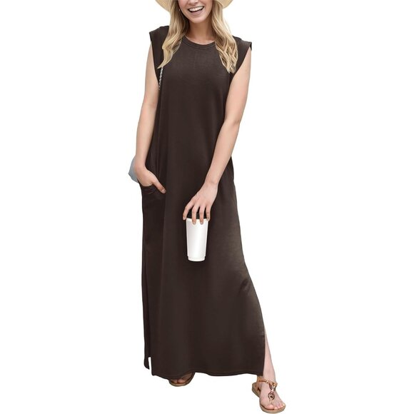 Dresses & Skirts - Grecerelle Women Dark Coffee Round Neck Loose Split Wrinkle-Free Long Maxi Dress